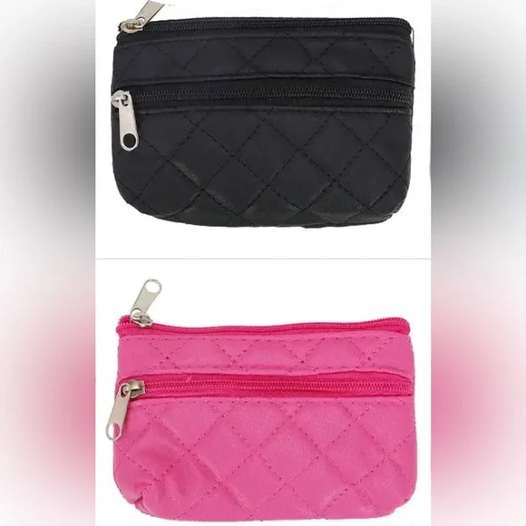 Diamond Quilted Double Zipper Black or Pink Coin Purse - Picture 1 of 10